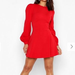 Red Blouson sleeve skater mini dress